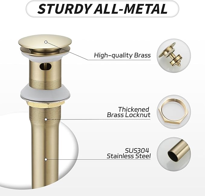 BWE Brushed Gold Bathroom Vessel Sink Drain Stopper with Overflow One Piece Pop Up Drain Assembly with Strainer for Bathroom Faucet Sink