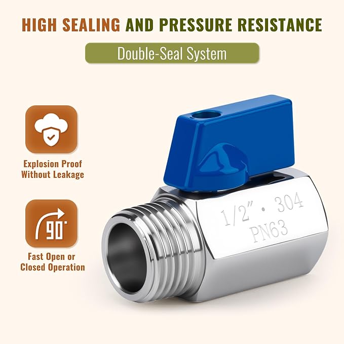 4Pack 1/2" Mini Ball Valve, 304 Stainless Steel Shut-Off Valve NPT Female x Male Thread Small Valves for Compact Space (4, 1/2 Inch)
