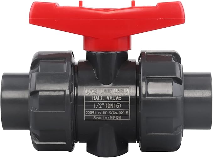 DERNORD PVC True Union Ball Valve NPT Threaded with Full Port, EPDM O-Rings, and Reversible PTFE Seats, Rated at 200 PSI (1/2 Inch NPT Threaded)