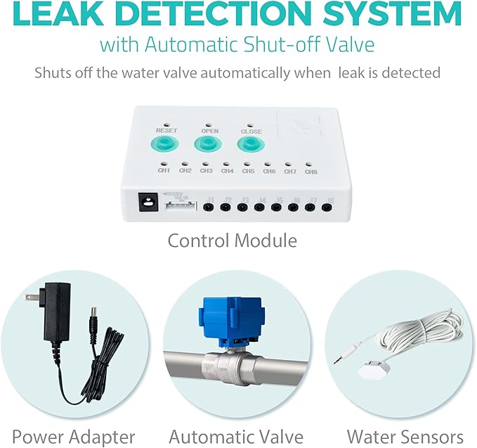 iSpring LS43 Water Leak Detector Alarm System, Automatic Shut-Off Valve and 2 Detection Sensors, Connects Up to 8 Sensor to Prevent Flooding, 3/4" NPT