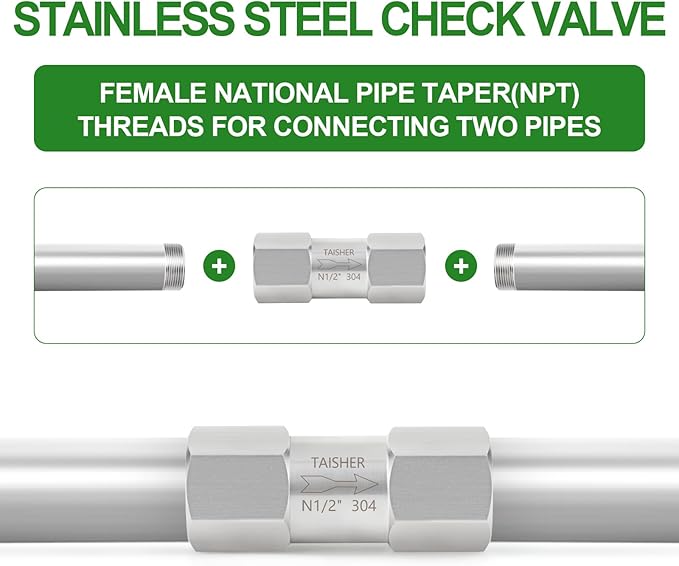 TAISHER 1PCS 304 Stainless Steel 1/2" NPT Female Check Valve,Backflow Prevention,One Way Non-Return Check Valves
