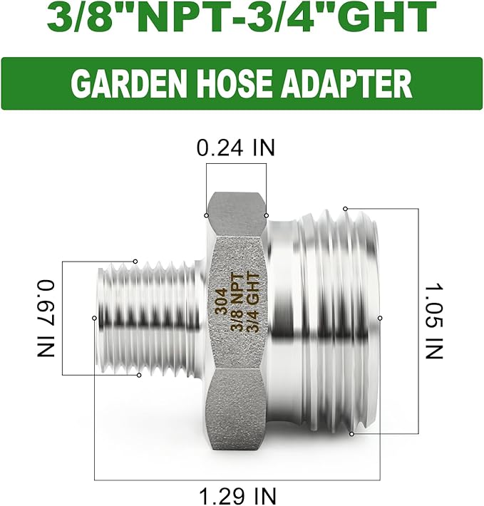 TAISHER 2PCS 304 Stainless Steel Garden Hose Adapter, 3/4" GHT Male x 3/8" NPT Male Garden Hose Connector with Washers