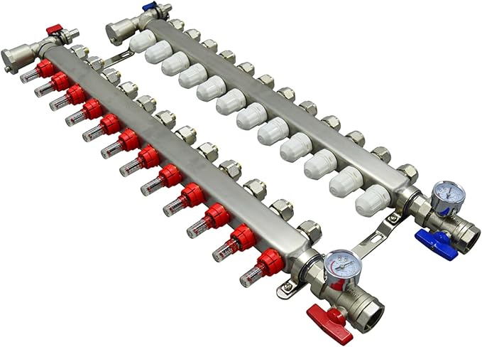 12 Branch PEX Radiant Floor Heating Manifold Set Floor Heating Water Distributor 1/2" Pipe Adapter 304 Stainless Steel and Brass, for Heating Systems