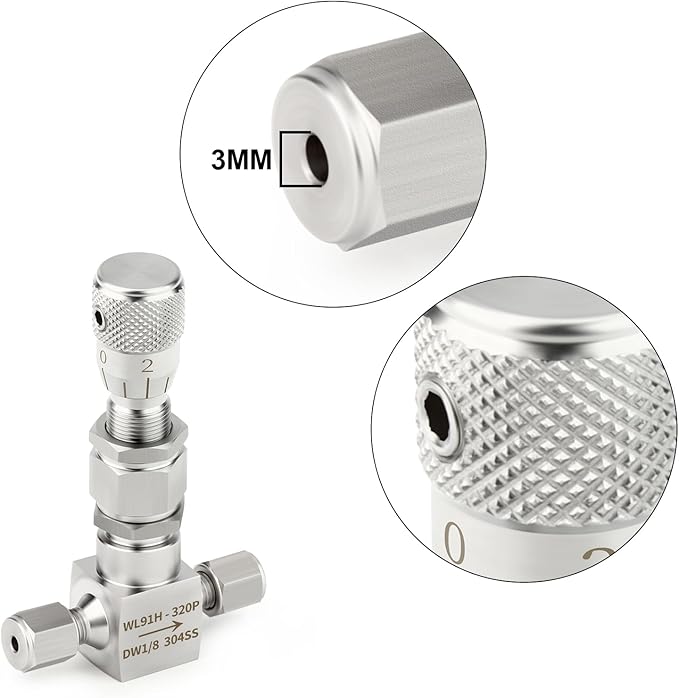 TAISHER 1PCS 304 Stainless Steel Reduce Port 3mm Needle Valve 1/8" OD，Accurate Dials For Micro Flow Control Instrument Gauge Water Gas Oil