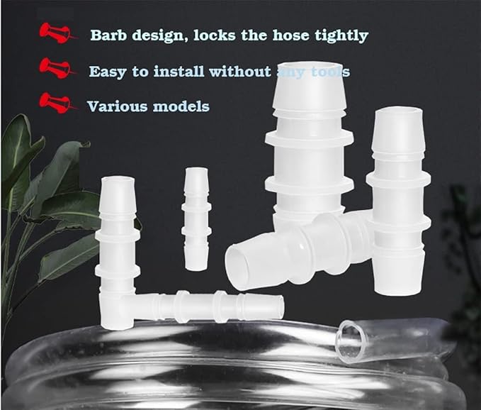 50Pcs Plastic Hose Barb Fittings Assortment, 10 Sizes of Equal Barbed Hose Pipe Fitting Connector Adapter Union Splicer Joint for Air Gas Water Liquid Fuel Line Catheter Tube Pump Adapters