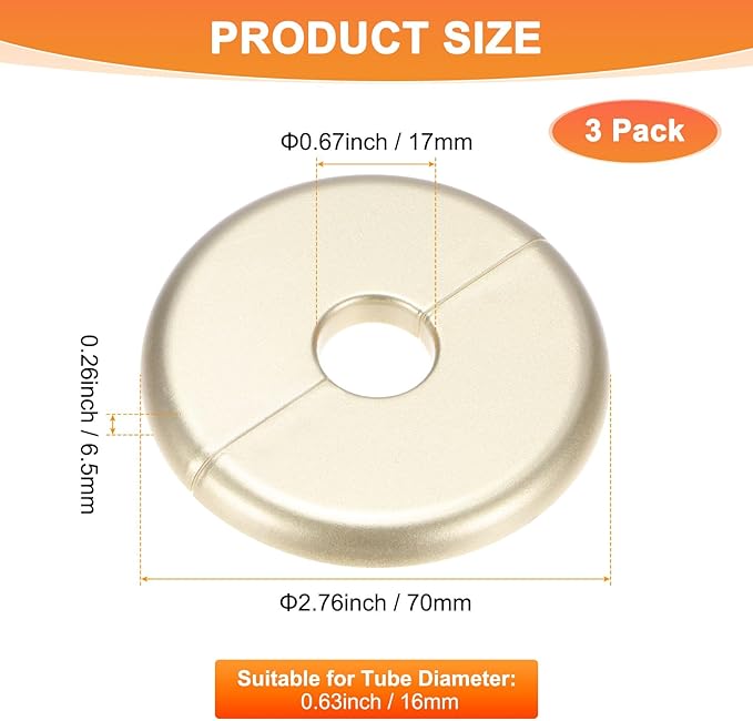 3-Pack Wall Split Flange, ABS Round Self-Adhesive Escutcheon Plate Cover Buckle for 16mm/0.63 in Dia Pipe Accessories/Floor/Ceiling, Plumbing Cover Plates [Gold,6.5mm/0.26in H]