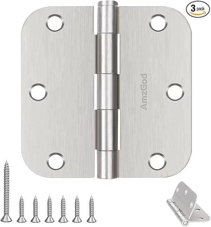 Door Hinges Brushed Nickel - 3 Pack Satin Nickel 3.5 Inch Rounded Interior Door Hinges with 5/8" Radius - Flat Iron Residential Standard 3 1/2 Inches Silver Door Hardware