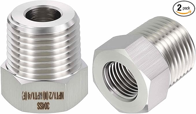 2 Pack 304 Stainless Steel Pipe Fittings, 1/2" MNPT to 1/4" FNPT Hex Bushing Reducer, Hose Tube Threaded Adapters for Air, Oil, LP, Gas