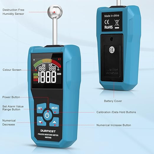 Wood Moisture Meter, DURFICST Pinless Moisture Meter with Colour LCD Display and Audible Alarm, Moisture Reader for All Building Materials, Wood, Wall, Plaster, Masonry…