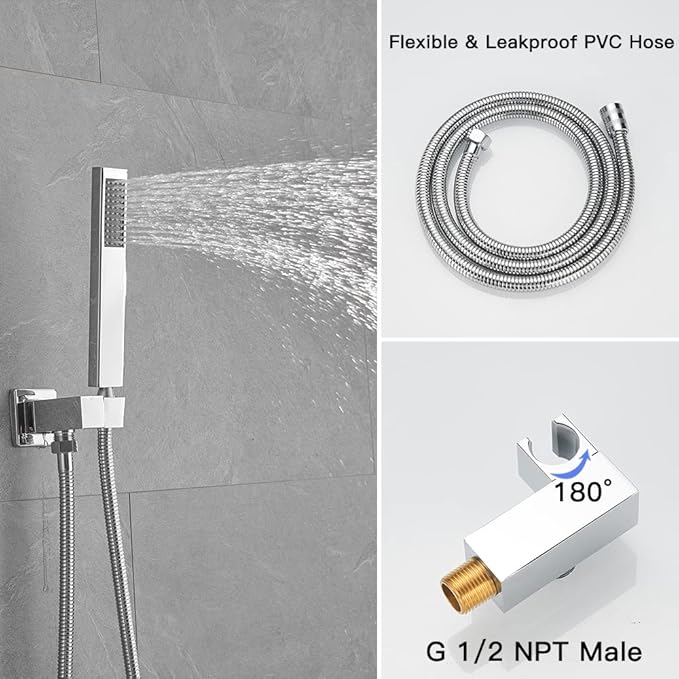 BWE 16 Inch Ceiling Mounted Shower System Chrome Rainfall Shower Head with Handheld Spray Modern Bathroom Luxury Rain Mixer Shower Combo Set Shower Faucet Rough-in Valve Body and Trim Included