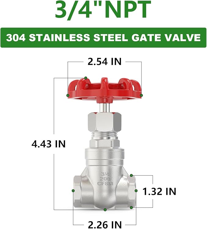 TAISHER 1PCS 304 Stainless Steel Gate Valve, 3/4" NPT Female Rotary Sluice Valve With Wheel Handle, For Water, Oil, Gas