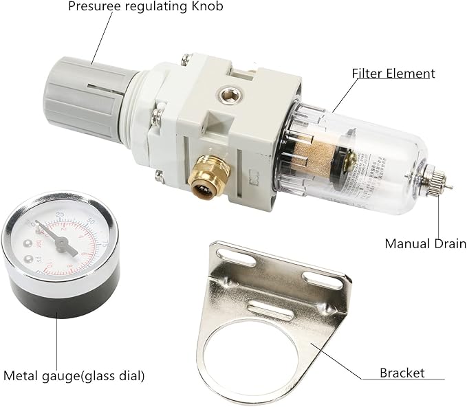 1/4 Inch NPT Air Filter Pressure Regulator, Air Compressor Water Separator with Gauge AW2000-02