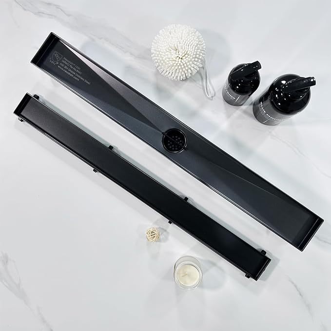Neodrain 24-Inch Linear Shower Drain,with 2-in-1 Flat & Tile Insert Shiny Black Cover, Rectangle Shower Floor Drain, Floor Shower Drain with Adjustable Leveling Feet, Hair Strainer