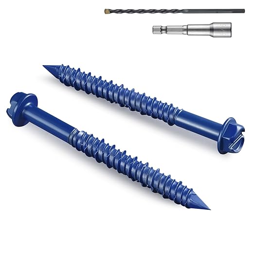 100Pcs 1/4 x 3-3/4 Inch Concrete Screws Anchor with Drill Bit, Blue Hex Head Masonry Brick Stucco Cement Block Screws, Diamond Point