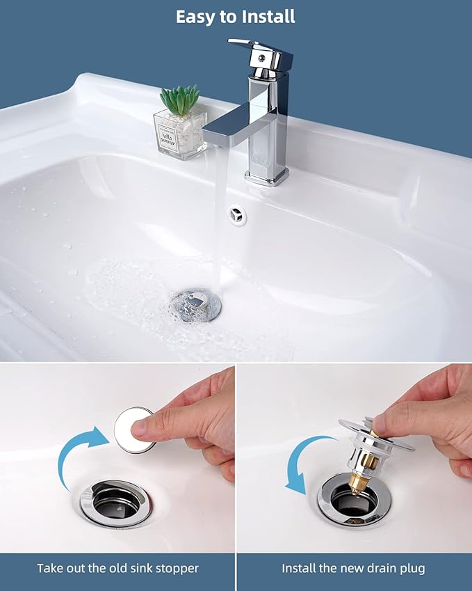 Hibbent 2 Pack All Metal Universal Bathroom Sink Stopper for 1.1''~2.3'' Basin, Pop Up Sink Drain Strainer, Brass Bullet Core Push Type Stopper, Stainless Steel Anti Clogging Drain Filter, Chrome