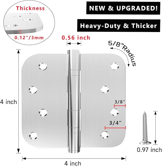 3 Pack Saainless Steel Door Hinge Ball Bearing, Heavy Duty Hinges Inner and Outer Door Hardware for Left and Right Doors, 4" x 4" Door Hinge with 5/8'' Corners - Non Removable Pin