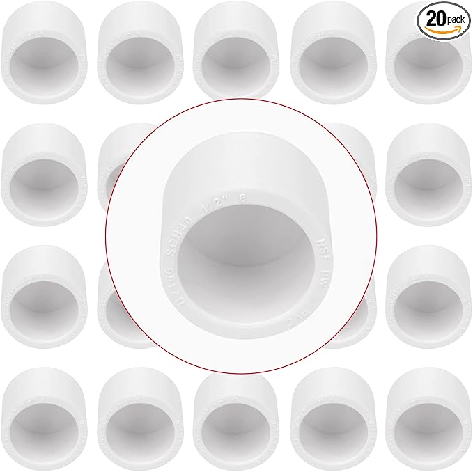 20Pack 1/2"PVC Pipe End Cap Fitting Schedule 40 Furniture Grade 1/2" PVC Pipe Plug Adapter for Build Furniture DIY Garden Shelf, White