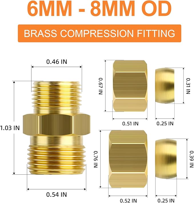 GASHER 10PCS Brass Compression Tube Pipe Fitting Connector, 6mmx8mm Tube OD Connector