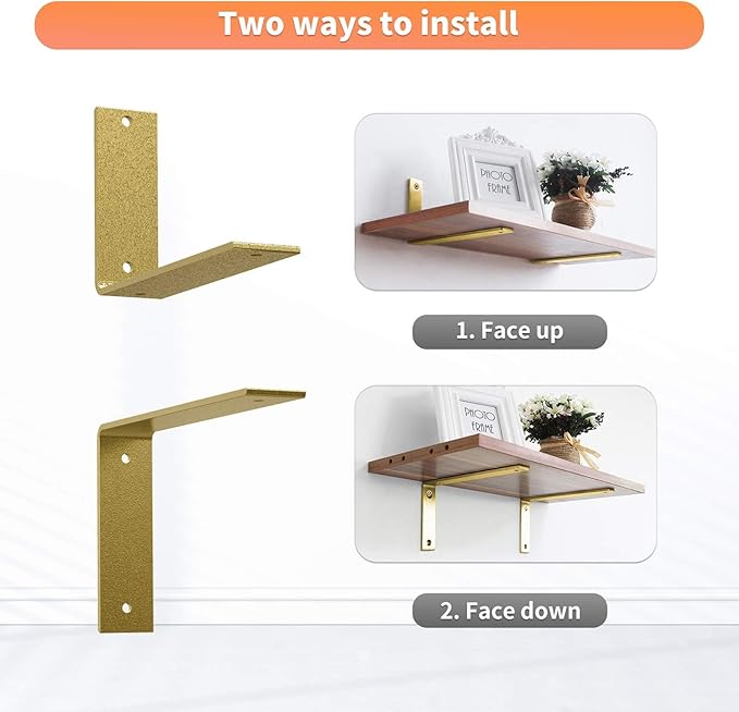 Gold Heavy Duty Shelf Brackets 4 Inch, Rustic Gold Iron L Shelf Bracket, Industrial Modern Metal Floating Shelf with Hardware for DIY Open Shelving, 4 Pack