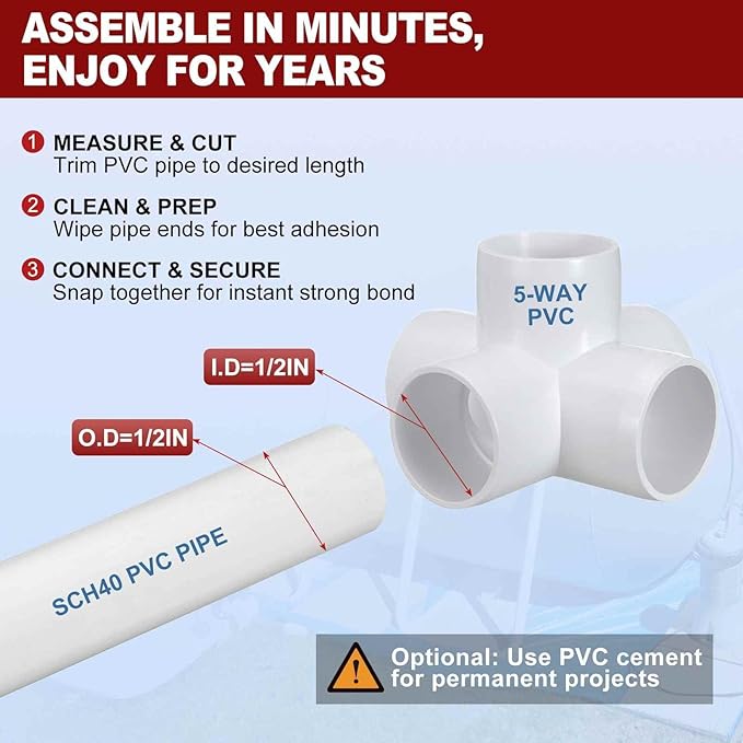 4Pcs 1/2" Elbow PVC Fitting, SCH40 5-Way Cross Furniture Grade PVC Pipe Fitting, DIY Corner Elbow Connector for Building Furniture, Greenhouse Frame Connection, Socket x Socket