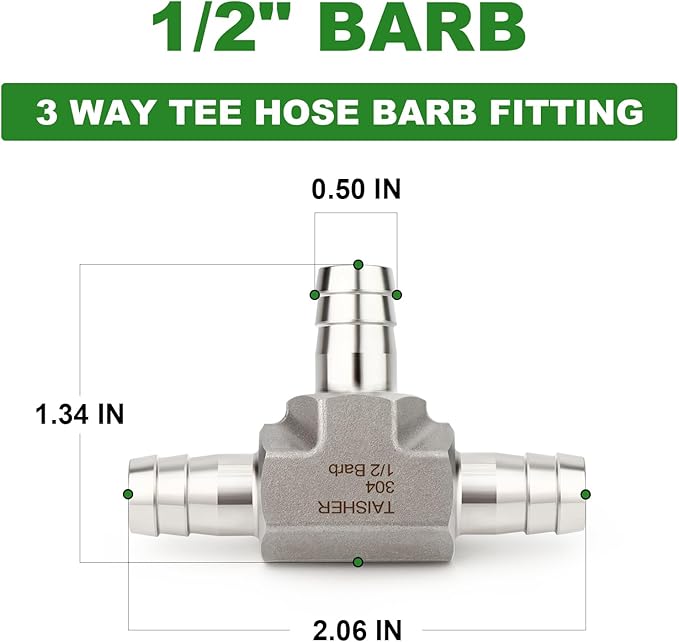 TAISHER 1PCS Forging of 304 Stainless Steel 3 Way Tee Hose Barb Fitting, 1/2" x 1/2" x 1/2" Hose Barb for Fuel/Air/Lquid/Gas with 3PCS Hose Clamp
