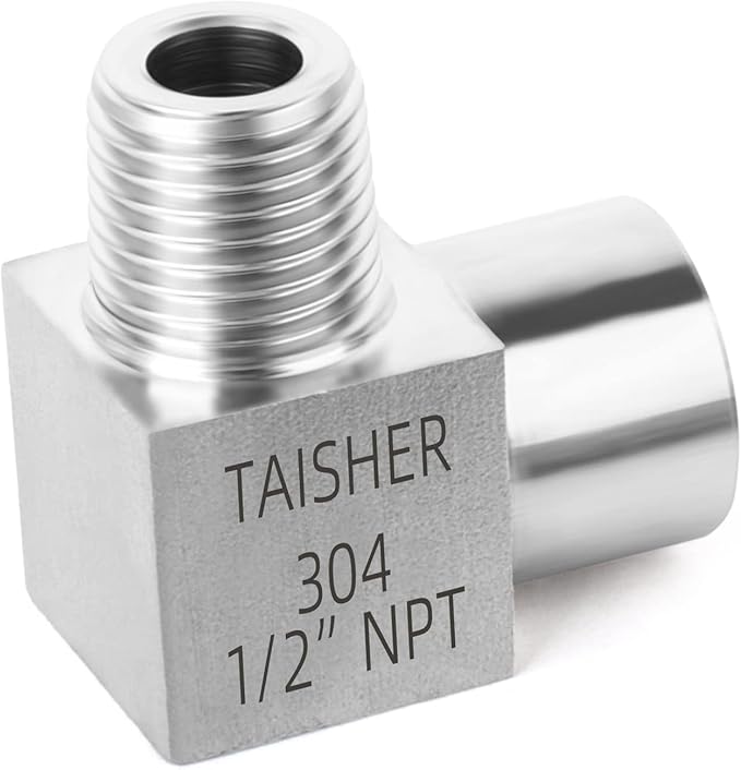 TAISHER 2PCS 304 Stainless Steel Square 90 Degree Barstock Street Elbow, 1/2 Inch NPT Male Pipe to 1/2 Inch NPT Female 304 Stainless Pipe Fitting
