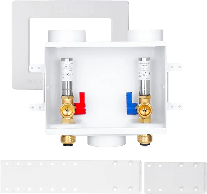 Premium Washing Machine Outlet Box, with Stainless Steel Water Hammer Arrestor, 1/2" Push-Fit x 3/4" MHT, Laundry Washer Valve Outlet Box with Clear Text Instructions