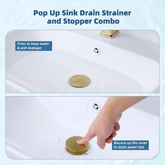 Hibbent Upgraded 3 in 1 Bathroom Sink Drain Strainer, Pop Up Sink Stopper with Big Push Cap, Anti-Clogging Metal Filter Basket,Sink Plug with Hair Catcher for 1.1''~2.36'' Basin, Brushed Gold