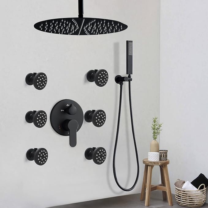 3 Way Shower Diverter Valve Wall Mount Pressure Balancing Shower Diverter Mixing Valve 3 Way Replacement Brass Mixer Kit Matte Black