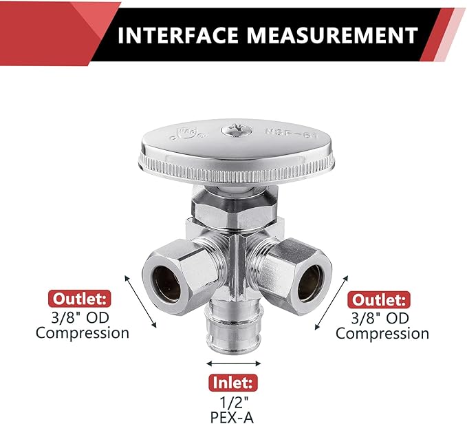 5-Pack EFIELD Multi-Turn Dual Outlet Angle Stop Valve, 1/2" Expansion F1960 Pex-a Pipe Inlet x (3/8 inch x 3/8 inch) Compression Outlets, Chrome Plated,(VALVE066-5PCS)