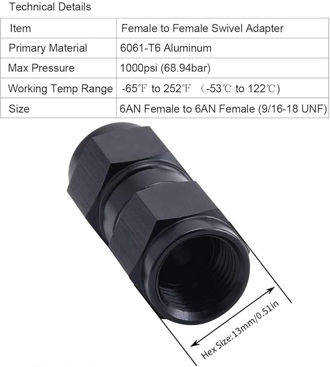 6AN Female to 6AN Female Straight Swivel Coupler Fitting Adapter 9/16-18UNF Thread Aluminium Anodized Black 2PCS
