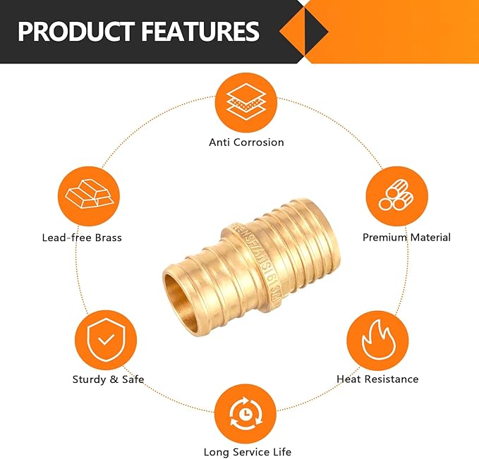 10-Pack HeSun Polybutylene Transition Coupling, 3/4" PEX X 3/4" PB, Brass Crimp Pex Fittings with 20 Rings, ASTM F1807(PEX1807479)