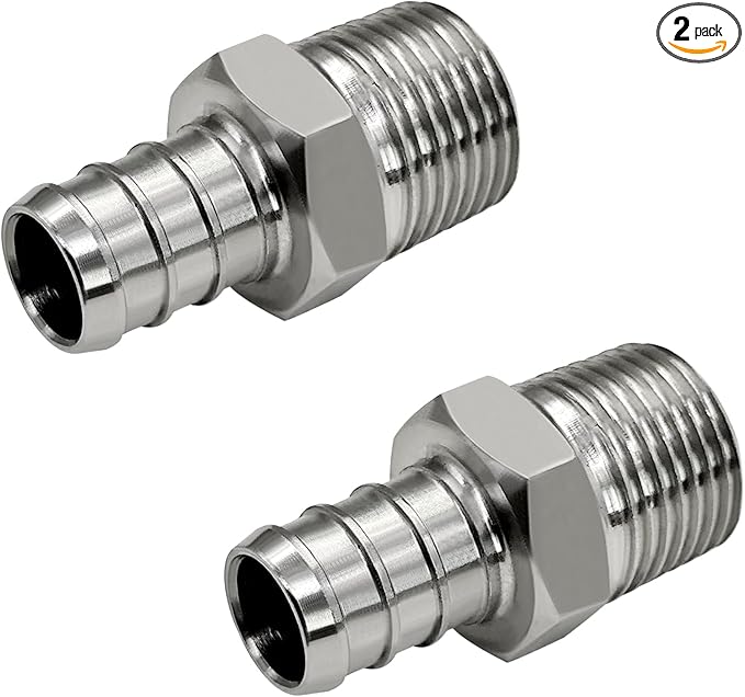 Barb Crimp PEX 1/2" x 3/8" NPT Male Thread Adapter Stainless Steel Crimp Fitting (Pack of 2)