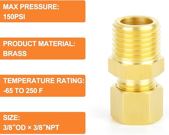 GASHER 10PCS Brass Compression Tube Pipe Fitting Connector, 3/8" Tube OD x 3/8" NPT Male Connector