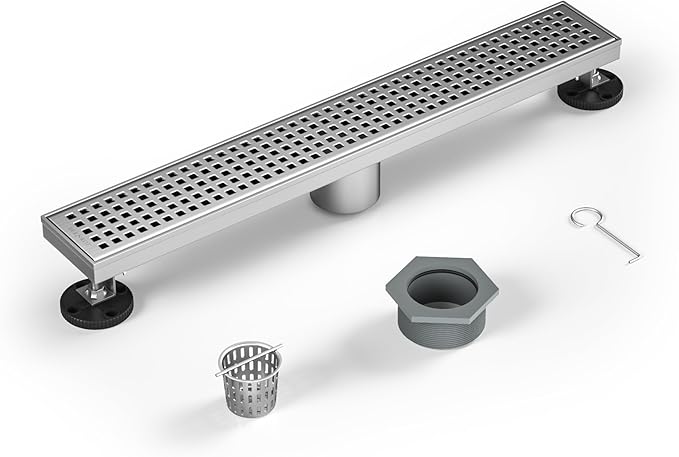 Linear Shower Drain 18", 304 Stainless Steel Floor Drain with Grid Drain Cover & Hair Strainer, Rectangular Shower Drain w/CUPC Certified, Brushed