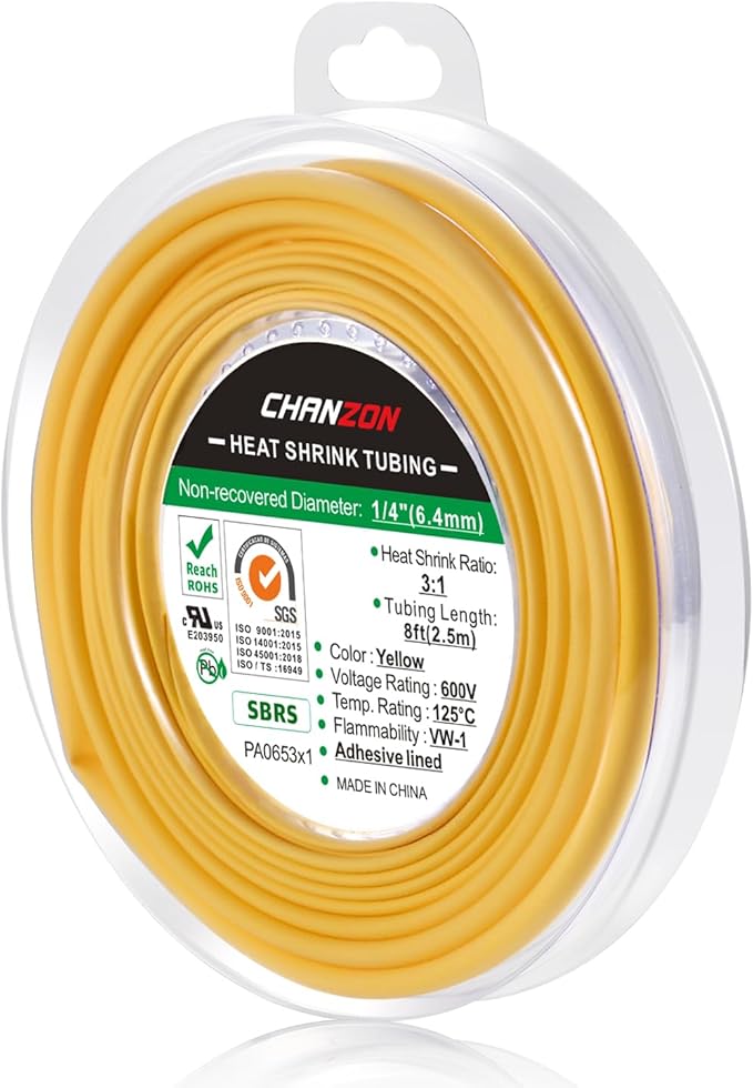Chanzon 3:1 Ratio 1/4" (6.4mm) Heat Shrink Tubing - Marine Grade Waterproof Adhesive Lined - 8Ft Roll (2.5M Total Length) Yellow Polyolefin Sleeving Wrap Shrinking 3 to 1 Ratio 1pcs