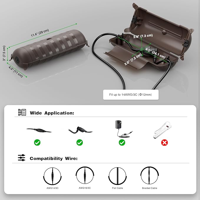 Flemoon 2-Piece Outdoor Waterproof Electrical Box Set – 12.5" x 8.5" x 5" Large Electrical Box & 11.3" x 4.3" x 3" Extension Cord Cover for Power Strip, Outlet, Holiday Light, Brown