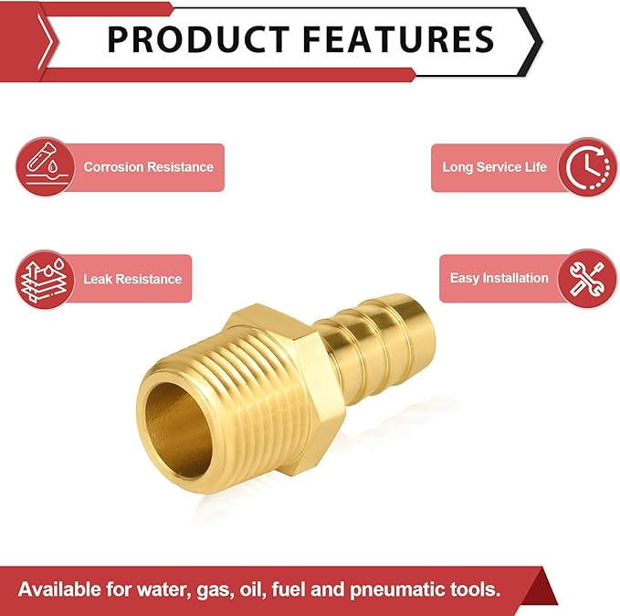 (Pack of 10) EFIELD Brass Hose Barb Fitting Adapter, 1/2" Barb x 1/2" Male NPT Pipe Fittings,(BARB010)