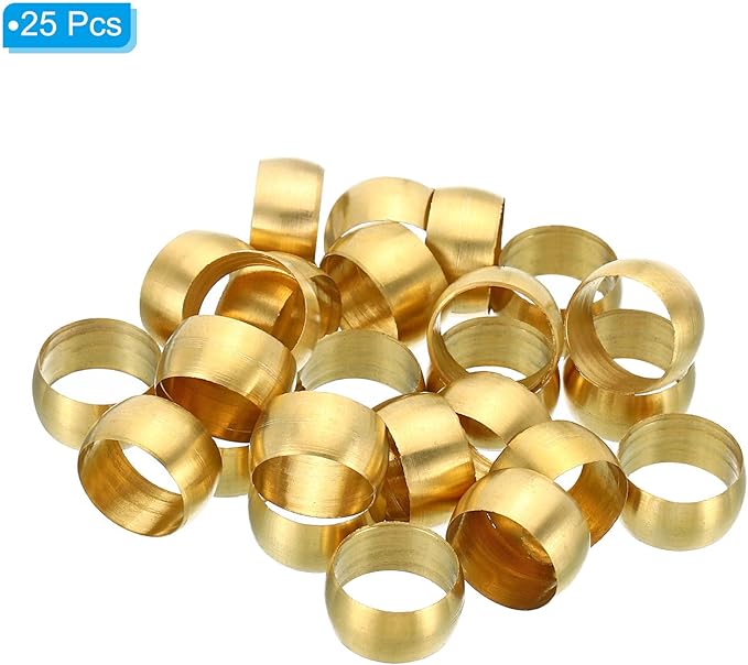 PATIKIL 10mm Tube OD Brass Compression Sleeves Ferrules, 50 Pack Brass Ferrule Fitting Brass Compression Fitting Assortment Kit for Air Water Gas Pipe