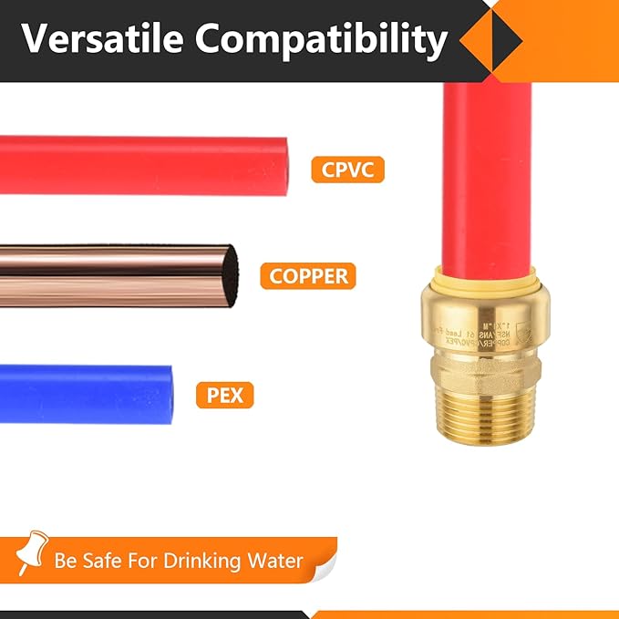 HeSun 5-Pack Pushfit Male Adapter, 1" MNPT x 1" Push to Connect Plumbing Fittings with Disconnect Clip, Brass Push-fit Fittings for PEX, Copper, CPVC, PE-RT Pipes, PF153-5