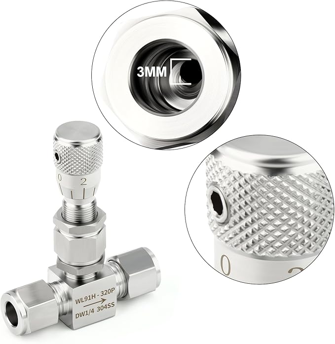 TAISHER 1PCS 304 Stainless Steel Reduce Port 3mm Needle Valve 1/4" OD，Accurate Dials For Micro Flow Control Instrument Gauge Water Gas Oil