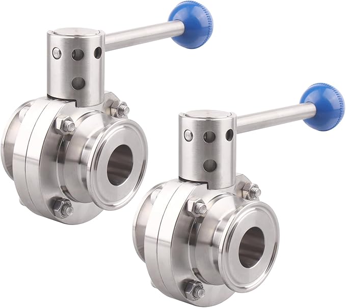 DERNORD 2 Pack 1.5 Inch Tri Clamp Sanitary Butterfly Valve with Pull Handle Stainless Steel 304 Tri Clamp Clover (1" Tube OD)