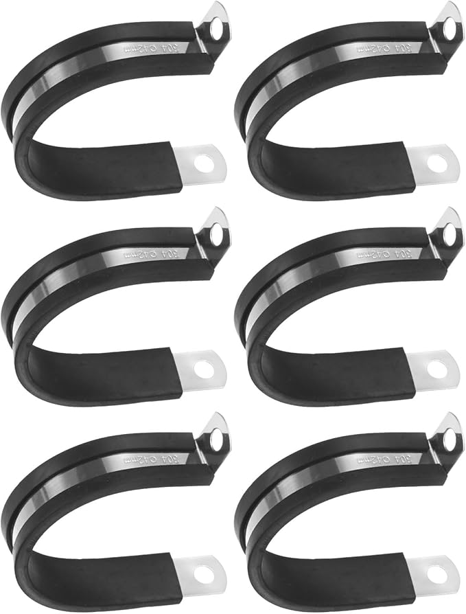 6-Pack Cable Clamps, 1-5/8 Inch/ 42 mm 304 Stainless Steel Rubber Cushioned Insulated Cable Clamp R Shape Metal Holder for Tube/Wire/Pipe/Loop Installation