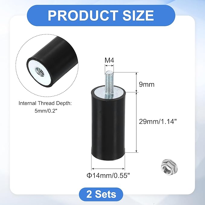 uxcell M4 Rubber Mounts, 2Pcs 15x29mm(DxH) Rubber Cylindrical Anti Vibration Isolator Shock Absorber with Lock Nut for Car Bobbin Generator Air Compressors