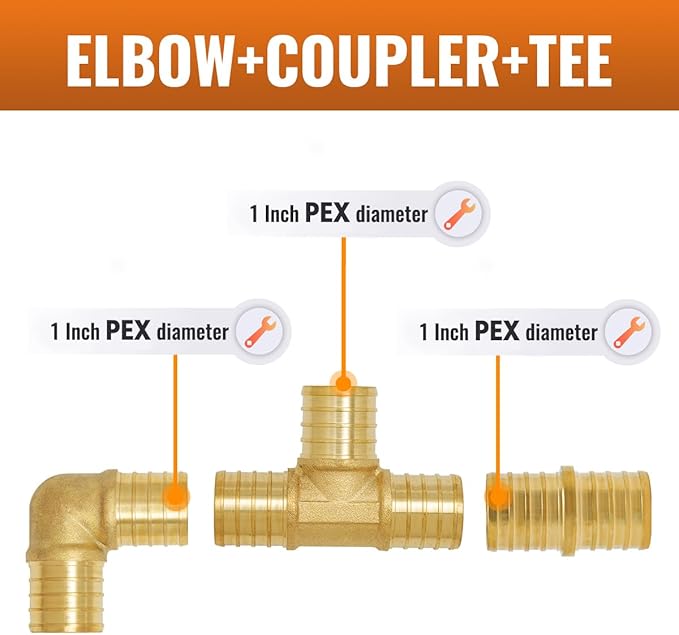 SUNGATOR 15-Pack 1 Inch PEX Fittings, 5 Each Elbow Tee Coupling, No Lead Brass, Pex Fittings 1 Inch Assortment, UPC, NSF Certified