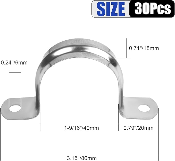 30Pcs 1-9/16 Inch Stainless Steel Conduit Clamps, 2 Hole Strap U Bracket Rigid Pipe Strap, Tension Clips U-Tube Clamp for Pipe Fixing on Various Surfaces