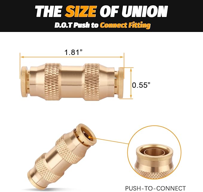 3/8" Dot Push-To-Connect Fittings (Three-eighth of an inch) Air Fittings Straight Union 3/8" Tube OD Brass Push Air Brake line fittings for Trucks Trailers and Industrial Use (4 Pack)