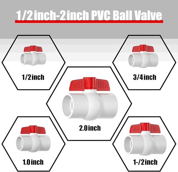 2PCS 2" PVC Ball Valve, SCH40 Slip PVC Water Pipe Valve with Easy Turn Red T-Handle, Shut-Off PVC Ball Valve Socket for Swimming Pool, Sprinkler Lines, Outdoor Plumbing & Irrigation System