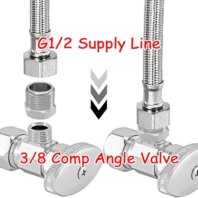 3PCS Water Line Adapter, 1/2" Male to 3/8" Female Reducer Bushing, Brass Nickel Plating Compression Fitting for Kitchen Bathroom Faucet Supply Line Hose Stop Valve Connector with Rubber Washer