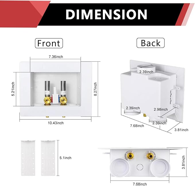 EFIELD Double Drain Washing Machine Outlet Box, 1/2-inch Pex-A Expansion Inlet, Single Control Valve, Stainless Steel Water Hammer Arrestor,(WM019)